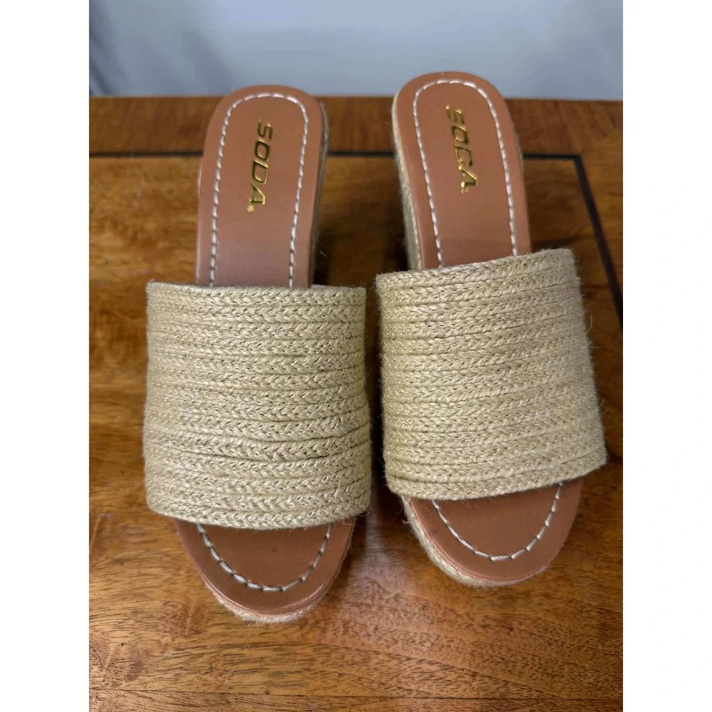 New‎ Soda Womens 7.5 Espadrille Wedge Sandals Tan Jute Braided Platform Mules